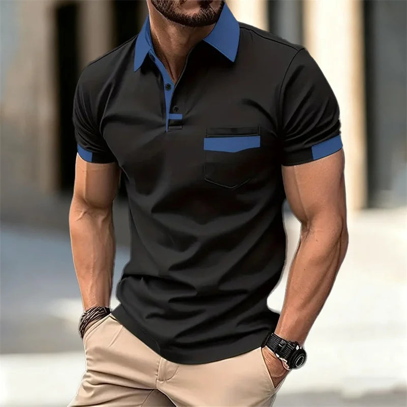 Men's color-blocked short-sleeved polo shirt, available in 6 colors, with a lapel and pocket design. Casual/business slim fit.
